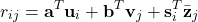 \[ r_{ij} = \mathbf{a}^{T} \mathbf{u}_{i} + \mathbf{b}^{T} \mathbf{v}_{j} + \mathbf{s}_{i}^{T} \bar{\mathbf{z}}_{j}\]