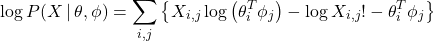 \begin{equation*}\log P(X \, | \, \theta, \phi) = \sum_{i,j} \left\{ X_{i,j}\log \left( \theta_{i}^{T}\phi_{j} \right) - \log X_{i,j}! - \theta_{i}^{T} \phi_{j} \right\}\end{equation*}