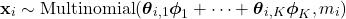 \[\mathbf{x}_{i} \sim \mbox{Multinomial}(\boldsymbol{\theta}_{i,1} \boldsymbol{\phi}_{1} + \cdots + \boldsymbol{\theta}_{i,K} \boldsymbol{\phi}_{K}, m_{i})\]